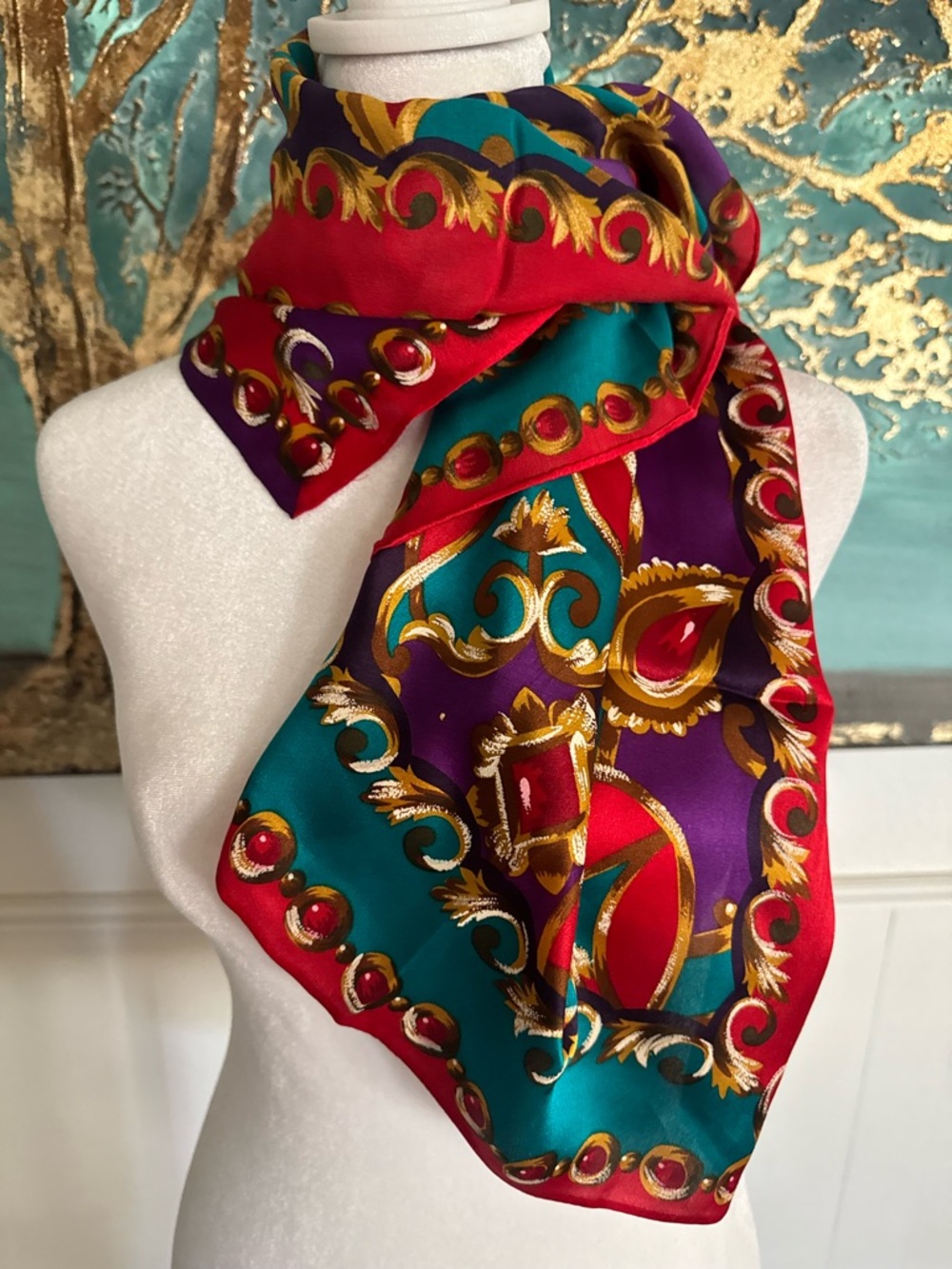 Adrienne Vittadini vintage Red Purple Teal Gold Baroque Silk Scarf